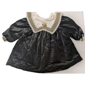 Vintage Little Precious Toddler Black Crushed Velvet Dress sz 2T Lace Plaid Gold